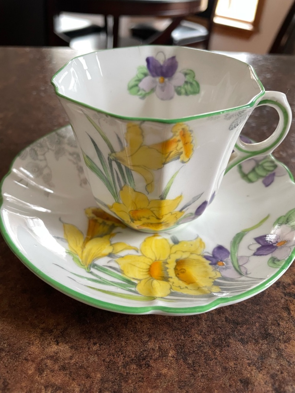 “Spring” Melba China England Teacup Saucer Set Yellow Daffodils Purple Violets